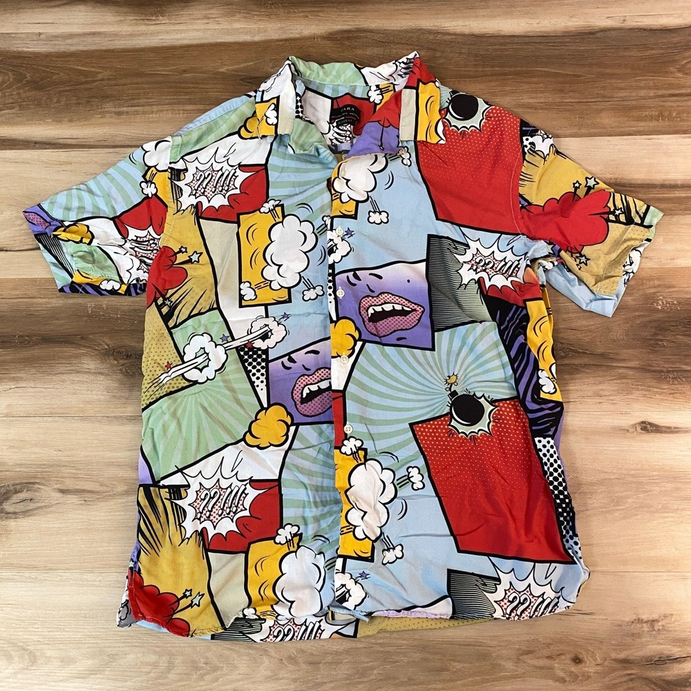 ZARA Shirt Mens Large Short Sleeve Button Up Relaxed Fit Comic Pop Art Print